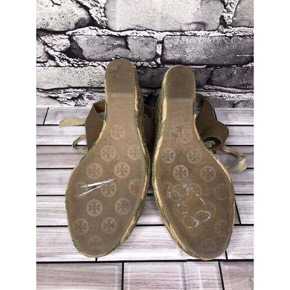 Tory Burch Taupe Canvas Textile Green Tan Espadrilles Wedge Women Sz 10M US/41EU - Picture 8 of 15